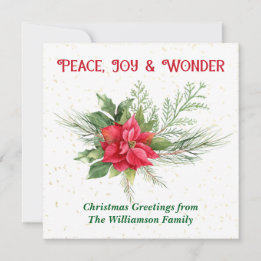 Peace Joy & Wonder Red Poinsettia Christmas Julkort