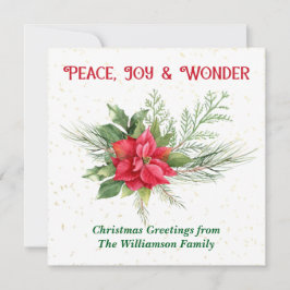 Peace Joy & Wonder Red Poinsettia Christmas Julkort