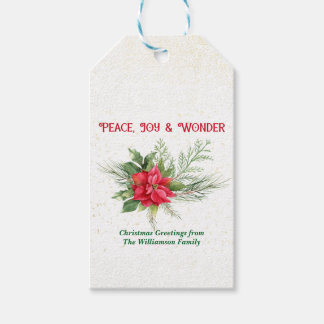 Peace Joy & Wonder Red Poinsettia Christmas Presentetikett