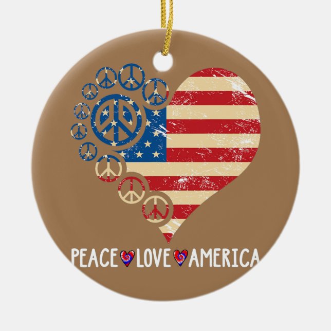 Peace Kärlek America Heart Patriotic USA flagga 4: Julgransprydnad Keramik (Framsidan)
