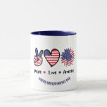 "Peace Kärlek America" Patriotic Symbols Anpassnin Mugg<br><div class="desc">Den här charmerande mugg-utformningen har tre olika amerikanska flagga-inspirerade symboler: ett fredstecken, ett hjärta och en vibrerande solros, som var och en är adorerad med stars och stripes. Den åtföljande texten "Peace Kärlek America" är ett vackert uttryck för nationell enighet och tillgivenhet. Den här bilden är en perfekt för att...</div>