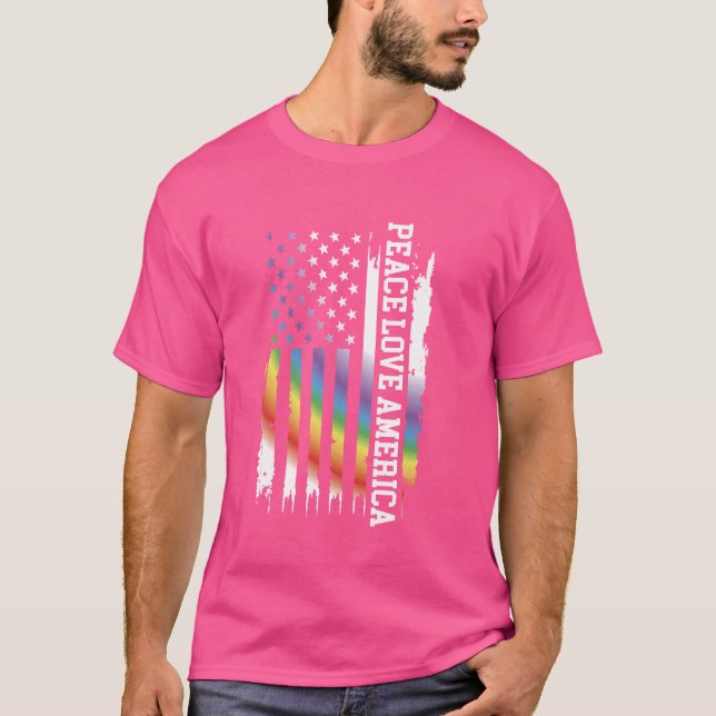 Peace Kärlek Amerika Förenade Stater Regnbåge w US T Shirt (Framsida)
