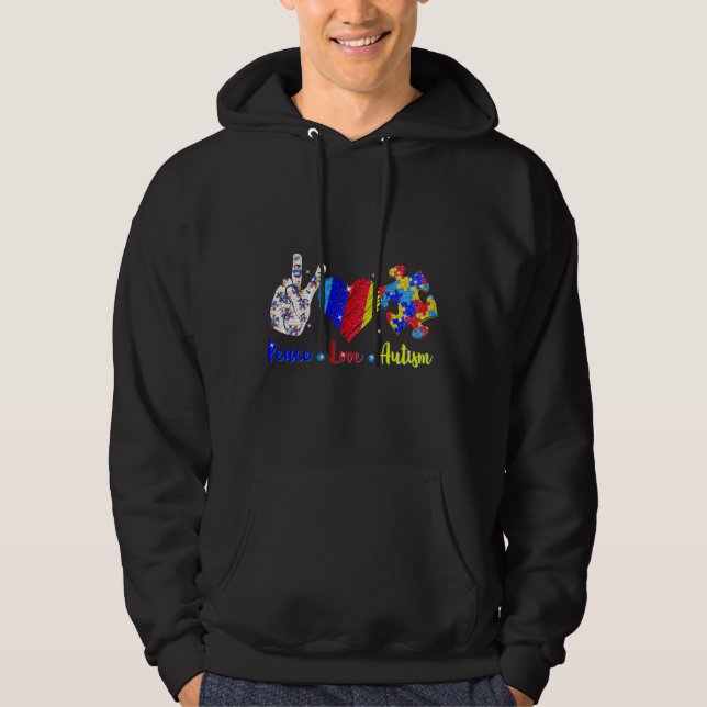 Peace Kärlek Autism Awareness Puzzle Ribbon Manar  Hoodie (Framsida)