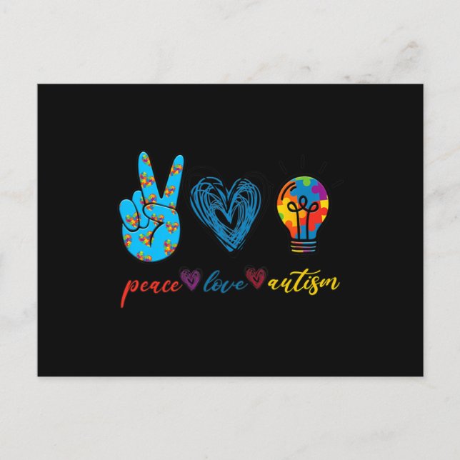 Peace Kärlek Autism Puzzle Ribbon Autism Awareness Vykort (Framsida)