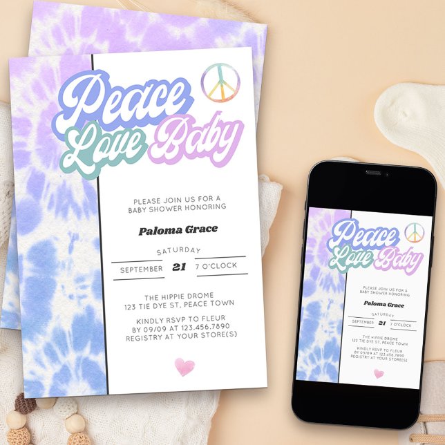 Peace Kärlek Baby Pastel Tie Dye Baby Shower Inbjudningar (Hippie Baby Sprinkle invitation - message me to create additional templates
)