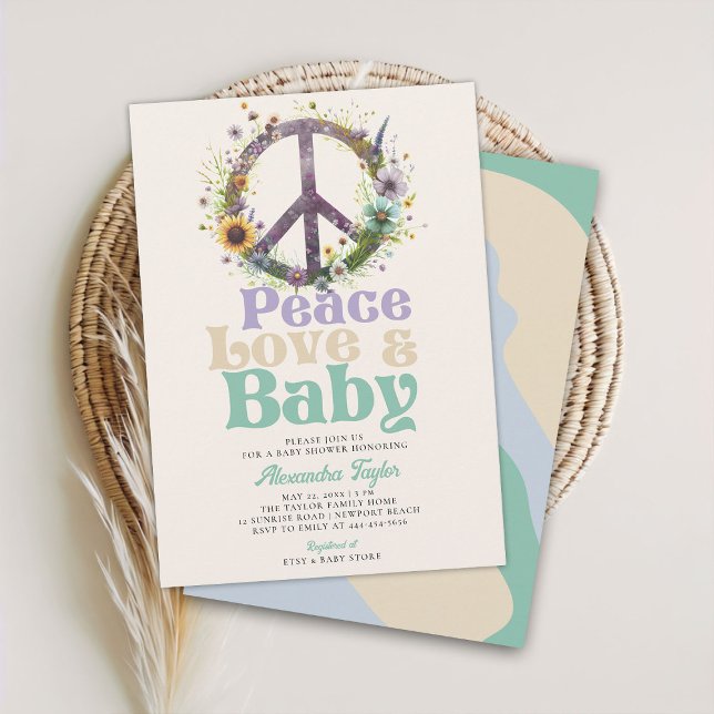 Peace Kärlek Baby Wildblommor Neutralt Baby Shower Inbjudningar (peace love baby groovy hippie retro vintage gender neutral shower invitation blue green lilac beige)