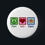 Peace Kärlek Bagels Knapp<br><div class="desc">Peace Kärlek Bagels. En söt bagelhandelsgåva till en älskare av bakade varor och frukostmat.</div>