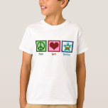 Peace Kärlek Birthday Kids Tee Shirt<br><div class="desc">Ett fredstecken,  ett hjärta och en söt födelsedagskalas med ett ljus. En söt födelsedag är barnens t-shirt.</div>