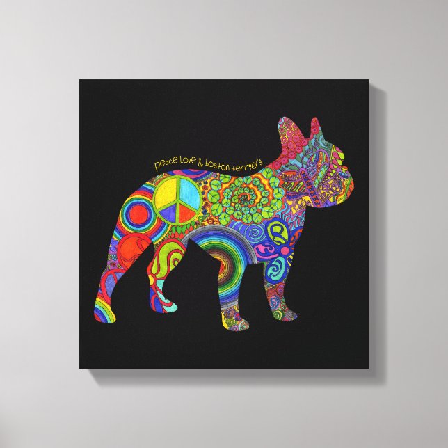 "Peace Kärlek & Boston Terriers", pop Art Canvas (Framsida)