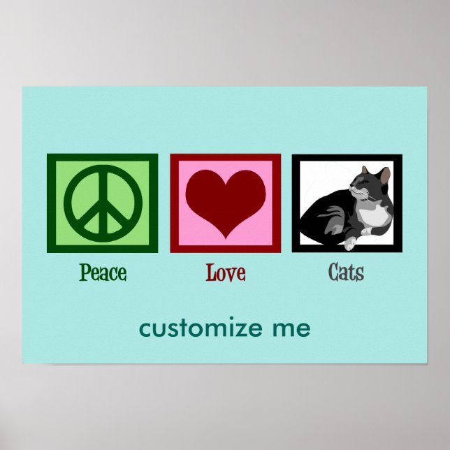 Peace Kärlek Cats Cute Teal Poster (Framsidan)