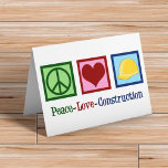 Peace Kärlek Construction Worker Helgkort<br><div class="desc">Fredsbyggandet i Kärlek. En coola-arbetares företagsgåva till dina arbetare med fredstecken,  hjärta och gult. En trevlig present för en förman till ge till hans besättning. Cute bygger presenter.</div>