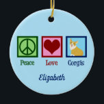 Peace Kärlek Corgis Cute Blue Anpassningsbar Corgi Julgransprydnad Keramik<br><div class="desc">Fredens prydnad i Kärlek Corgi. Cute Welsh Corgi-gåva till en Pembroke Welsh Corgi mamma eller ägare som tycker om söt hundar med långa kroppar och kort ben. De är min favorit hund aveln.</div>
