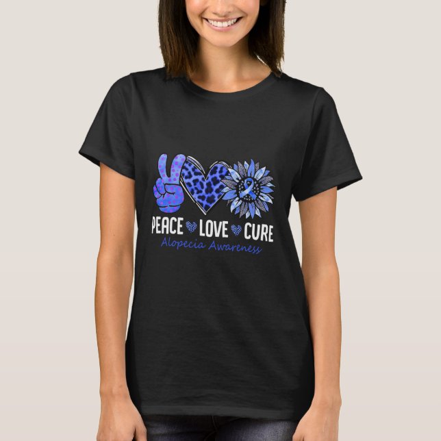 Peace Kärlek Cure Alopecia Awareness Blue Solros T Shirt (Framsida)