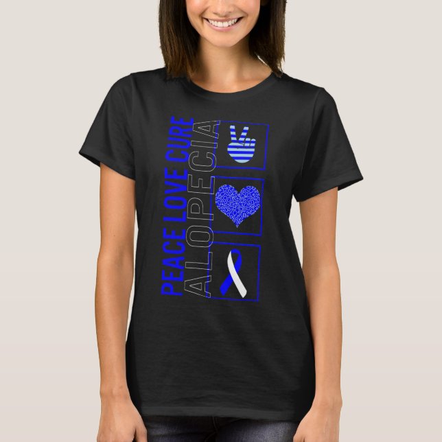 Peace Kärlek Cure Alopecia Awareness Ribbon Warrio T Shirt (Framsida)