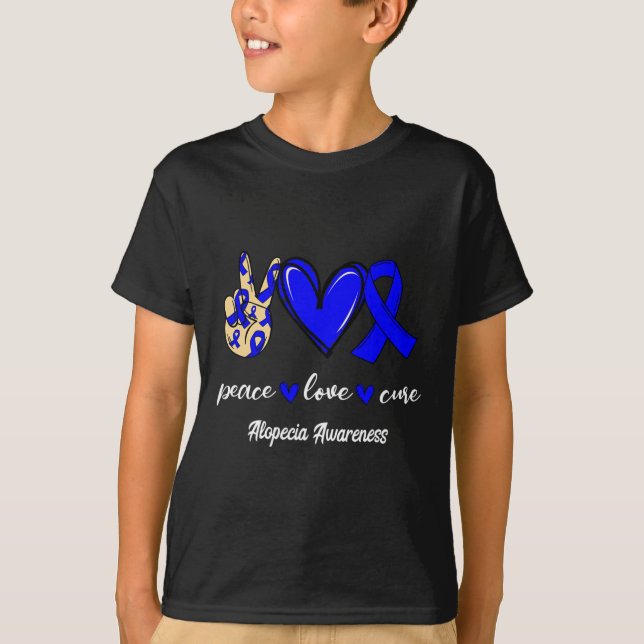 Peace Kärlek Cure Alopecia Blue Ribbon Awareness T Shirt (Framsida)