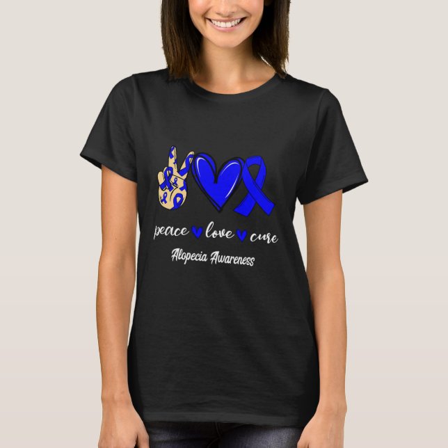 Peace Kärlek Cure Alopecia Blue Ribbon Awareness T Shirt (Framsida)