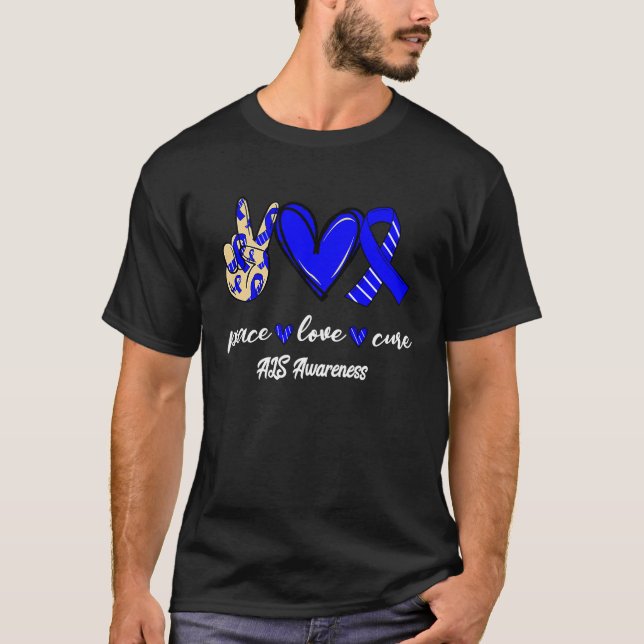 Peace Kärlek Cure ALS Blue & White Ribbon Awarenes T Shirt (Framsida)