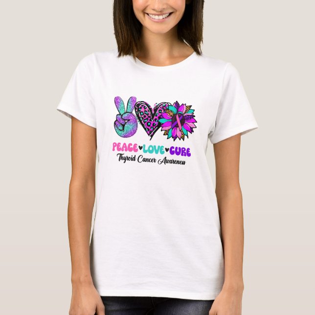 Peace Kärlek Cure Blue Ribbon Thyroid Cancer Aware T Shirt (Framsida)