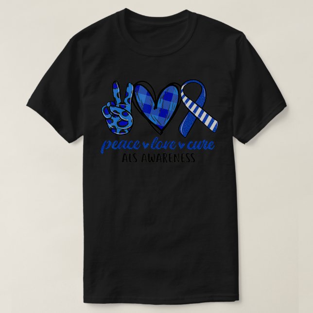 Peace Kärlek Cure Blue & White Ribbon ALS Awarenes T Shirt (Design framsida)