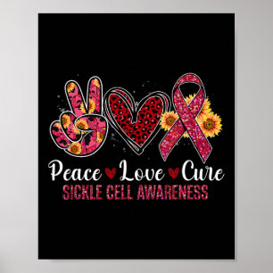 Peace Kärlek Cure Burgundy Ribbon Sickle Cell Awar Poster