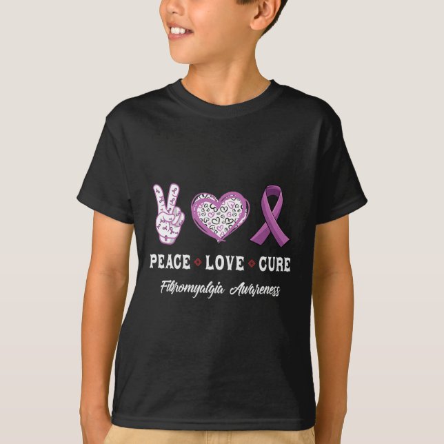 Peace Kärlek Cure Fibromyalgia Awareness Manar Wom T Shirt (Framsida)
