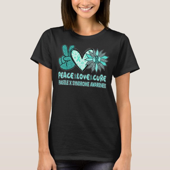 Peace Kärlek Cure Fragile X Syndrome Teal Ribbon S T Shirt (Framsida)