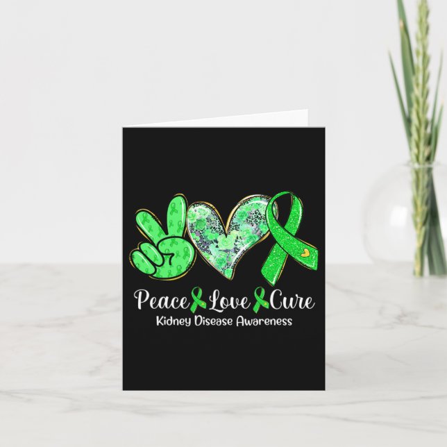 Peace Kärlek Cure Grönt Ribbon Kidney Disease Awar Kort (Framsida)