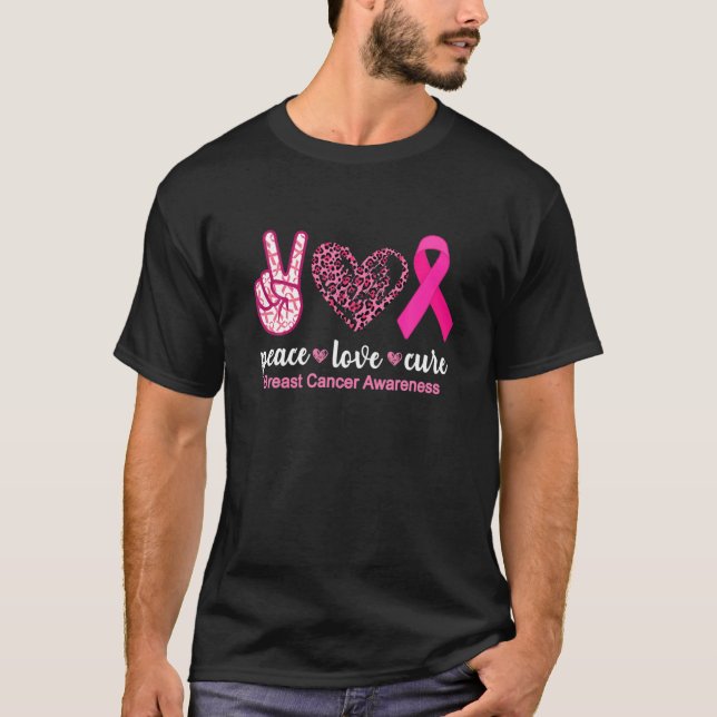 Peace Kärlek Cure Leopard Rosa Ribbon Breast Cance T Shirt (Framsida)