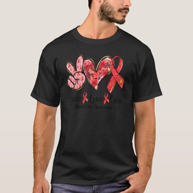 Peace Kärlek Cure Red Ribbon Blood Clot Awareness T Shirt (Framsida)