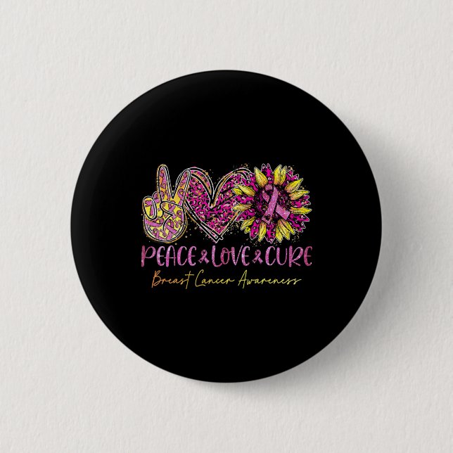 Peace Kärlek Cure Rosa Leopard Solros Breast Canc Knapp (Framsida)