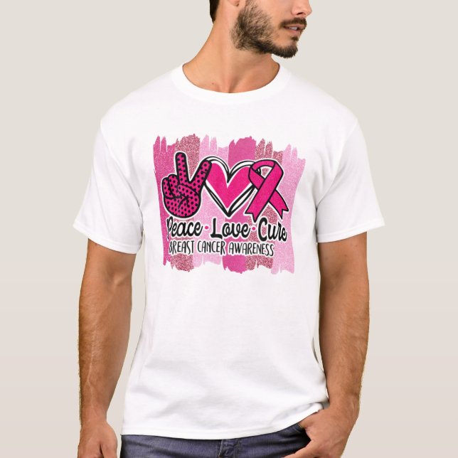 Peace Kärlek Cure Rosa Ribbon Cancer Breast Awaren T Shirt (Framsida)