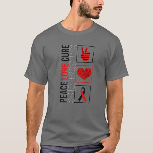 Peace Kärlek Cure Sepsis Awareness Ribbon Warrior  T Shirt (Framsida)