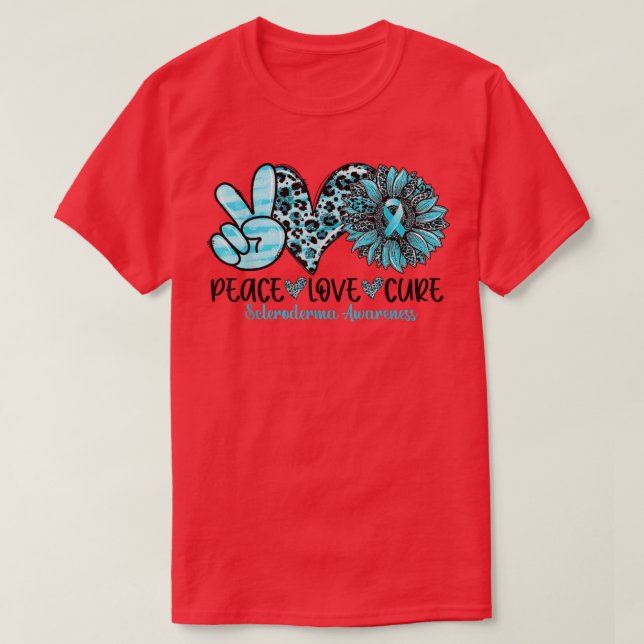 Peace Kärlek Cure Solros Teal Ribbon Scleroderma T Shirt (Design framsida)