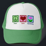 Peace Kärlek  Cute Gardener Tulip Flower Keps<br><div class="desc">En vacker  gåva till en trädgårdsmästare som kärlek planterar blommor i trädgården på en fin,  solig dag. Peace KÄRLEK- har ett fredstecken i grönten,  ett rött hjärta och en skugga i jorden bredvid ett söt-tulpanprov.</div>