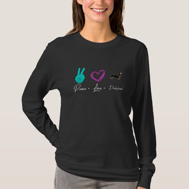 Peace Kärlek Dachshund Hundägare T Shirt (Framsida)
