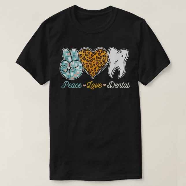 Peace Kärlek Dental Leopard Heart Teeth Cute Denti T Shirt (Design framsida)