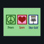 Peace Kärlek Disk Golf Vykort<br><div class="desc">En söt skiva med golfjulklapp med fredstecken,  hjärta och golfplattor basket som används av en golfer. Coolans golfbana finns.</div>