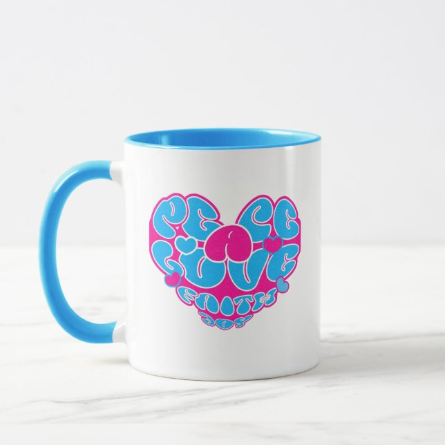 Peace Kärlek Faith Joy Aqua Rosa Heart Retro Mugg (Vänster)