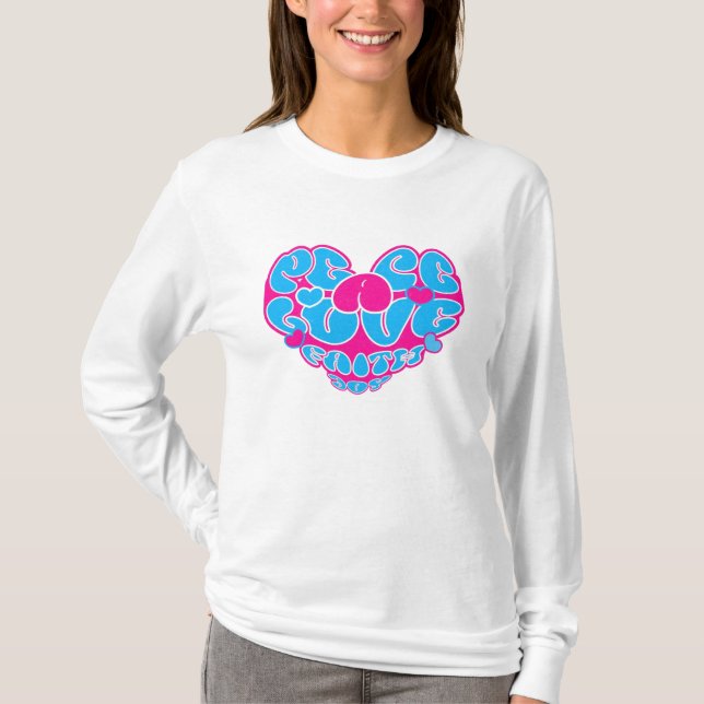 Peace Kärlek Faith Joy Aqua Rosa Heart Retro T Shirt (Framsida)