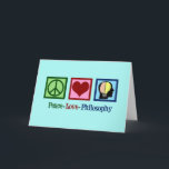 Peace Kärlek filosofi Helgkort<br><div class="desc">Filosofipresenten i Kärlek för en filosof som deltog i filosofiska studier på college. Visa vad du tycker om vår existens. En söt present till en filosofisk huvudman eller professor.. Det har ett fredstecken,  ett hjärta och ett mänskligt sinne på en söt teal present.</div>