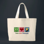 Peace Kärlek filosofi Jumbo Tygkasse<br><div class="desc">Fredens filosofiska julklapp i Kärlek för en filosof som deltog i filosofiska studier på college. Visa vad du tycker om vår existens. En söt present till en filosofisk huvudman eller professor.. Har ett fredstecken,  ett hjärta och ett mänskligt sinne.</div>