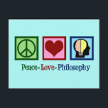 Peace Kärlek filosofi Vykort<br><div class="desc">Filosofipresenten i Kärlek för en filosof som deltog i filosofiska studier på college. Visa vad du tycker om vår existens. En söt present till en filosofisk huvudman eller professor.. Det har ett fredstecken,  ett hjärta och ett mänskligt sinne på en söt teal present.</div>