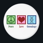 Peace Kärlek Genealogy Magnet<br><div class="desc">Peace Kärlek Genealogy. En söt konditoriutformning med fredstecken,  hjärta och en helix-stråle av DNA-dubbla som representerar familjehistoria,  arv och härkomst. En underbar genitalisk gåva till människor som studerar kinship in genealogical research.</div>