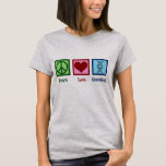 Peace Kärlek Genealogy T Shirt<br><div class="desc">Peace Kärlek Genealogy. En söt konditoriutformning med fredstecken,  hjärta och en helix-stråle av DNA-dubbla som representerar familjehistoria,  arv och härkomst. En underbar genitalisk gåva till människor som studerar kinship in genealogical research.</div>