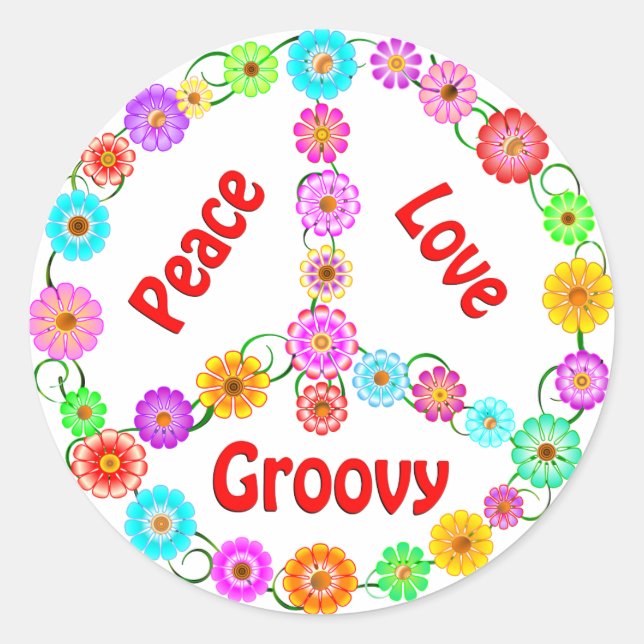 Peace Kärlek Groovy Runt Klistermärke (Framsida)