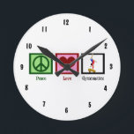 Peace Kärlek Gymnastics Rund Klocka<br><div class="desc">Ett fredstecken,  ett hjärta och en gymnast som gör ett handställ på bjälken.</div>