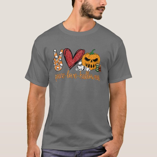 Peace Kärlek Halloween Pumpkin T Shirt (Framsida)