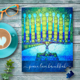 "Peace Kärlek Hanukkah" Artsy Blue & Grönt Menorah Pussel