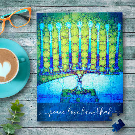 "Peace Kärlek Hanukkah" Artsy Blue & Grönt Menorah Pussel