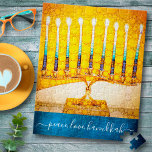 "Peace Kärlek Hanukkah" Artsy Gult & Guld Menorah Pussel<br><div class="desc">"Fred, kärlek, Hanukkah." Ett närliggande foto av en ljus, färgstark, gult och guld artsy-menorah hjälper dig att sätta dig in i helgdag av Hanukkah i stil. Känn julhelgens värme och glädje när du användor det här fantastiska, färgstarka pusslet av Hanukkah. Matchningskort, kuvert, klistermärken, kuddar, tote bags, papper omslagning, serveringsbrickor, hemmadekoration...</div>